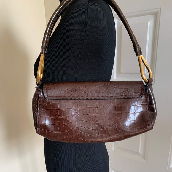 Bueno Brown Croc Embossed Leather Gold Handbag - Picture 2 of 13